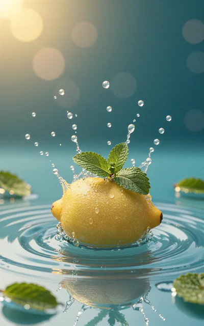 Fresh Lemon With Mint Leaves Splashing Into Water