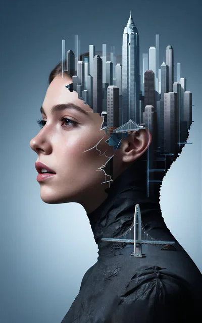 Surreal Portrait Of A Woman With A Cityscape Head