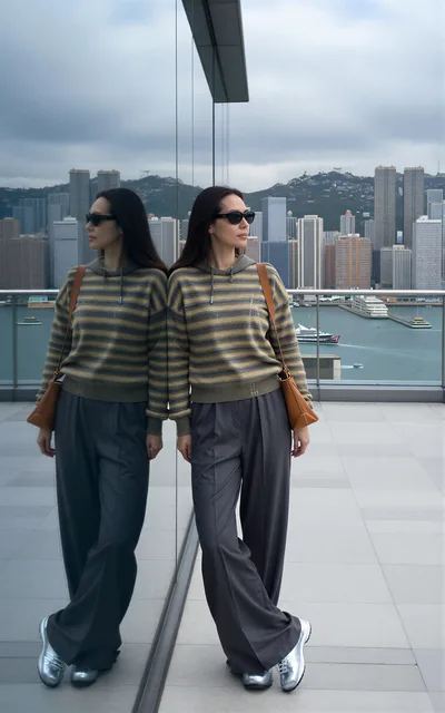 Woman Leaning Against Glass Wall Overlooking Hong Kong Skyline