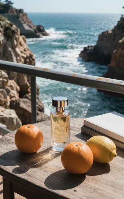 Perfume Bottle With Citrus Fruits On A Coastal Table