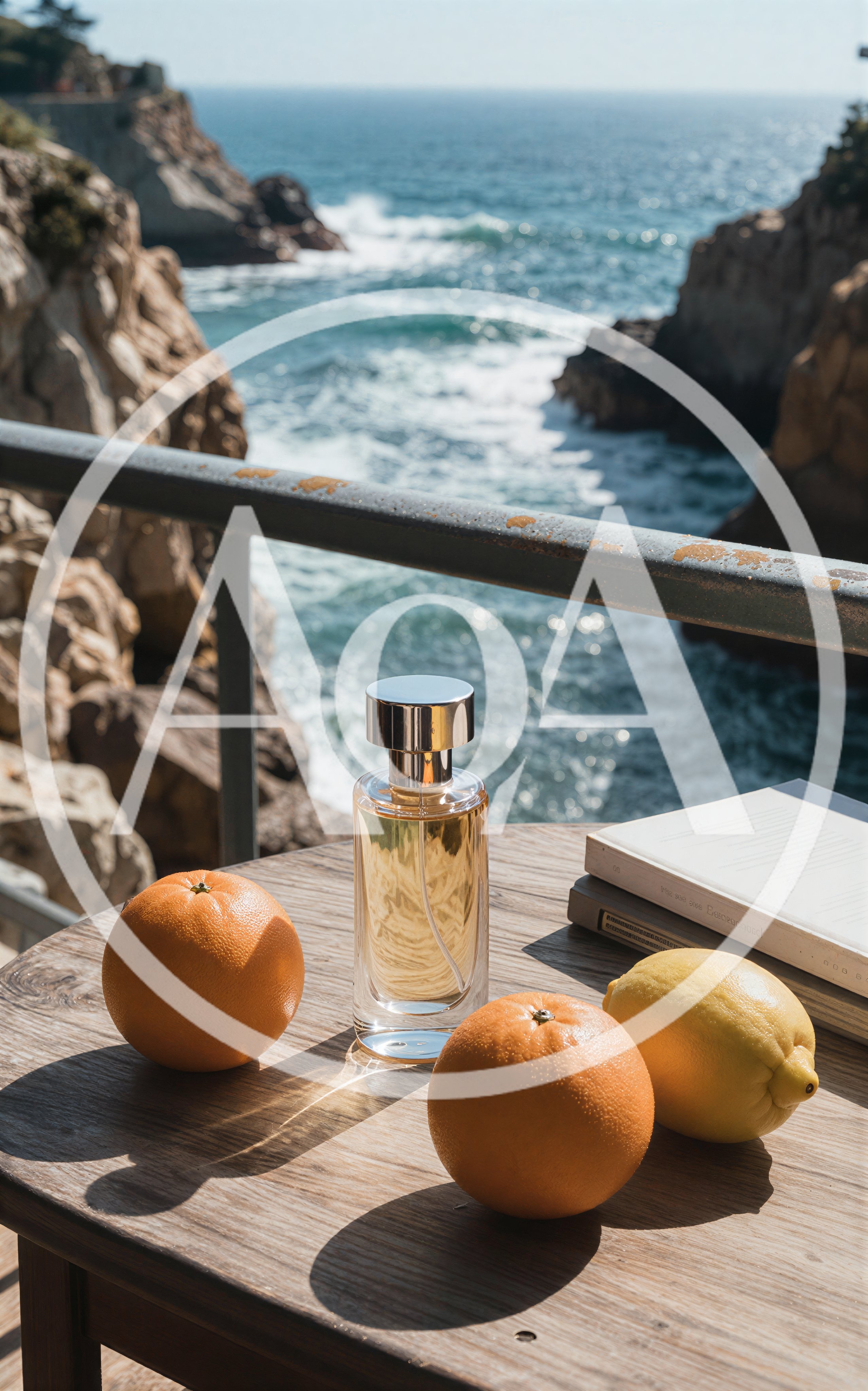 Perfume Bottle With Citrus Fruits On A Coastal Table
