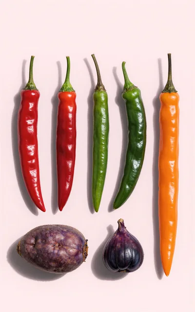 Assorted Fresh Chili Peppers And Exotic Fruits