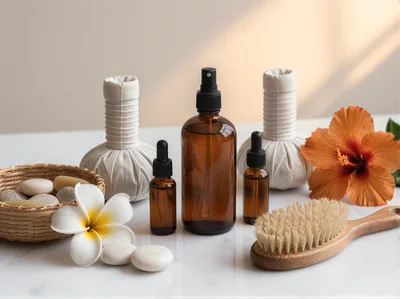 Spa Treatment Essentials With Essential Oils And Massage Tools