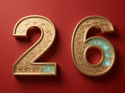 3D Gold Number Twenty Six With Floral Patterns