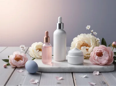 Skincare Products With Peonies On Marble Tray