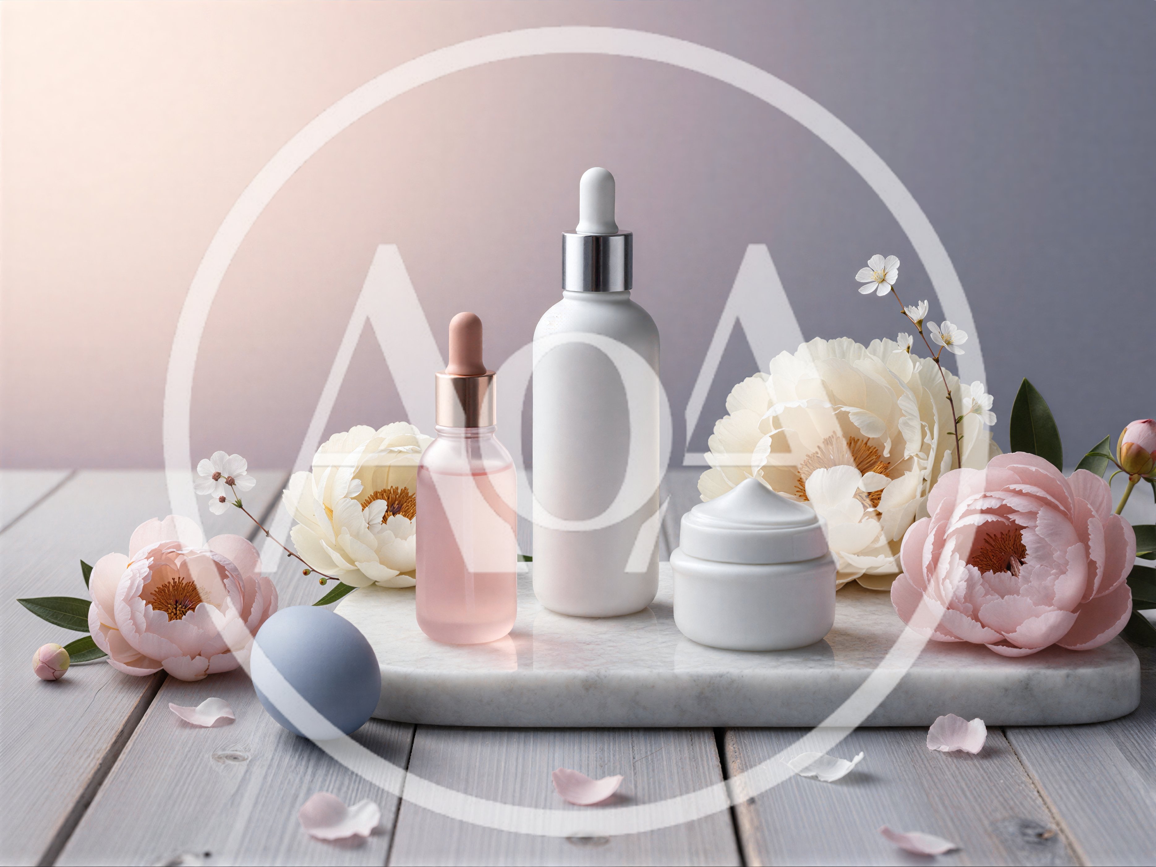 Skincare Products With Peonies On Marble Tray