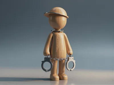 Wooden Mannequin Figure Wearing Handcuffs and Cap