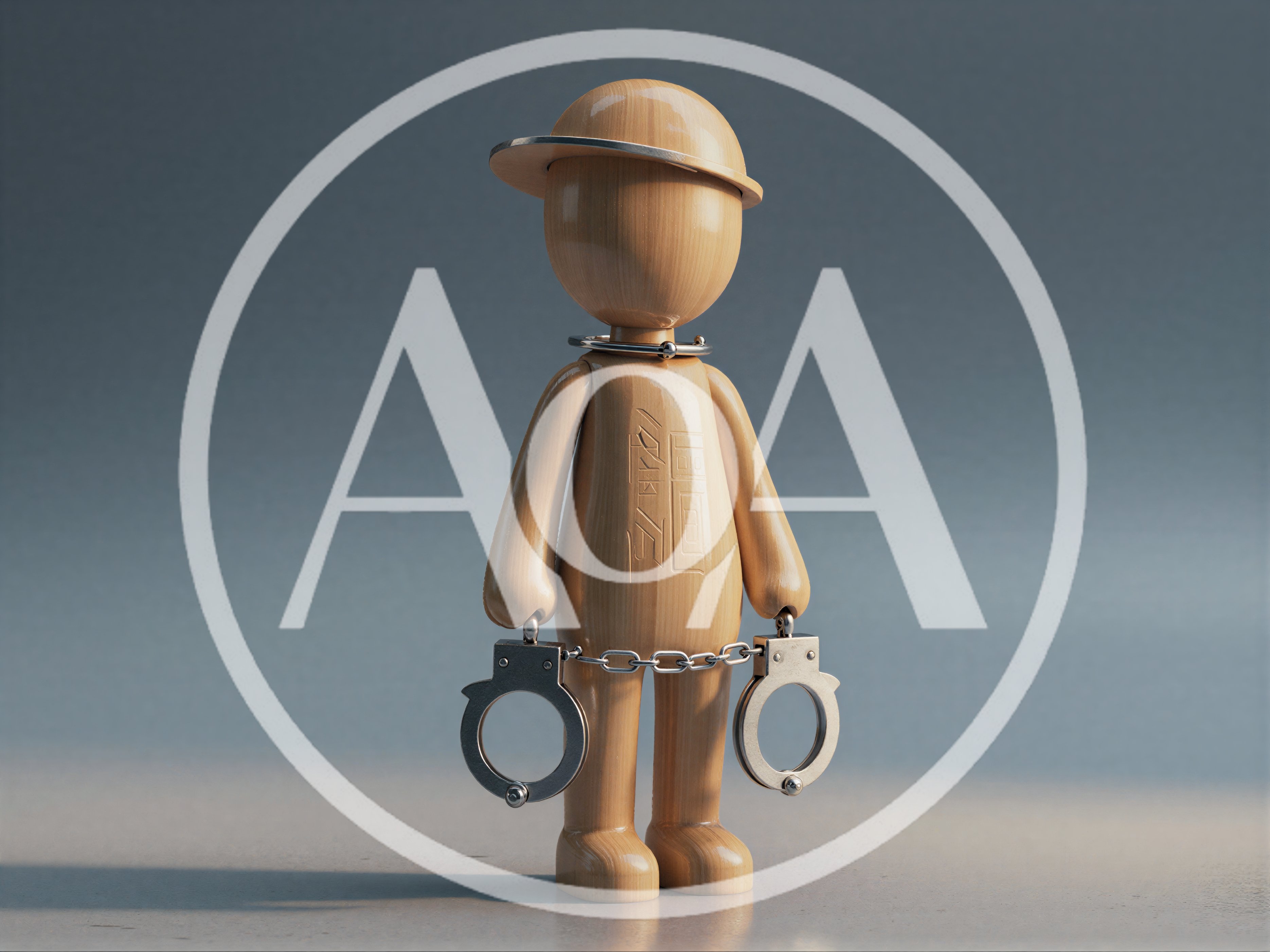 Wooden Mannequin Figure Wearing Handcuffs and Cap