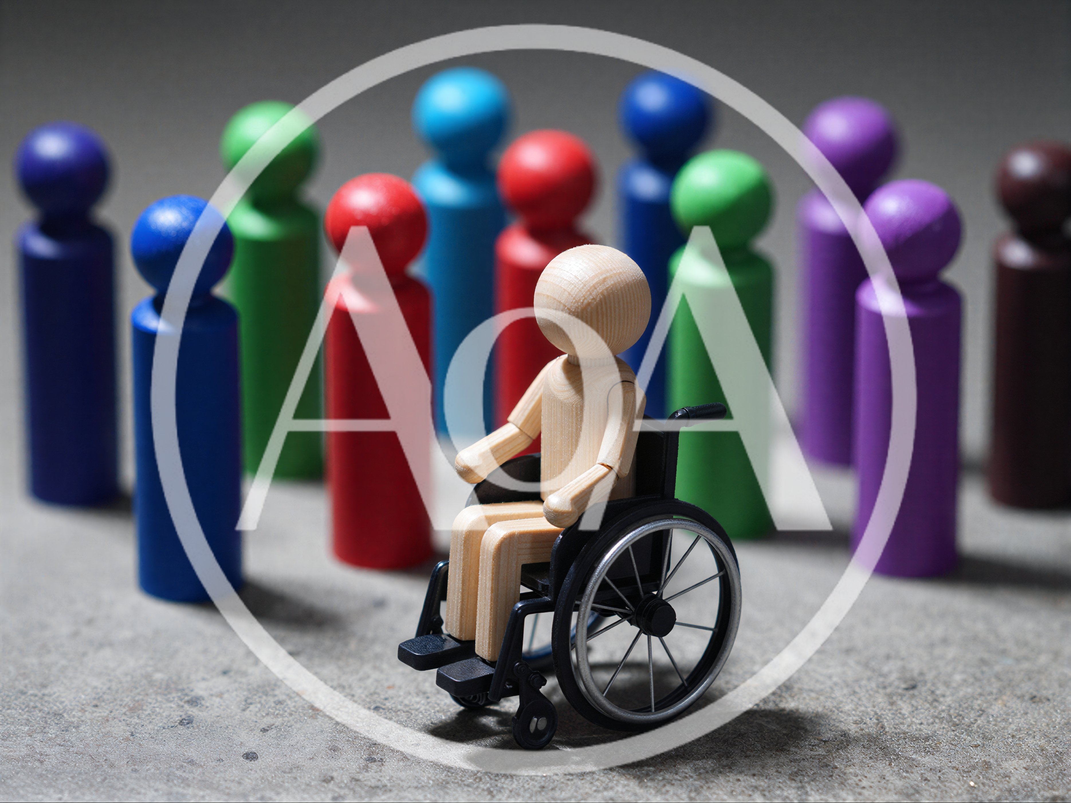 Wooden Figure In Wheelchair Surrounded By Colorful Peg Dolls