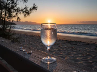 Glass Of Water On Wooden Railing At Sunset