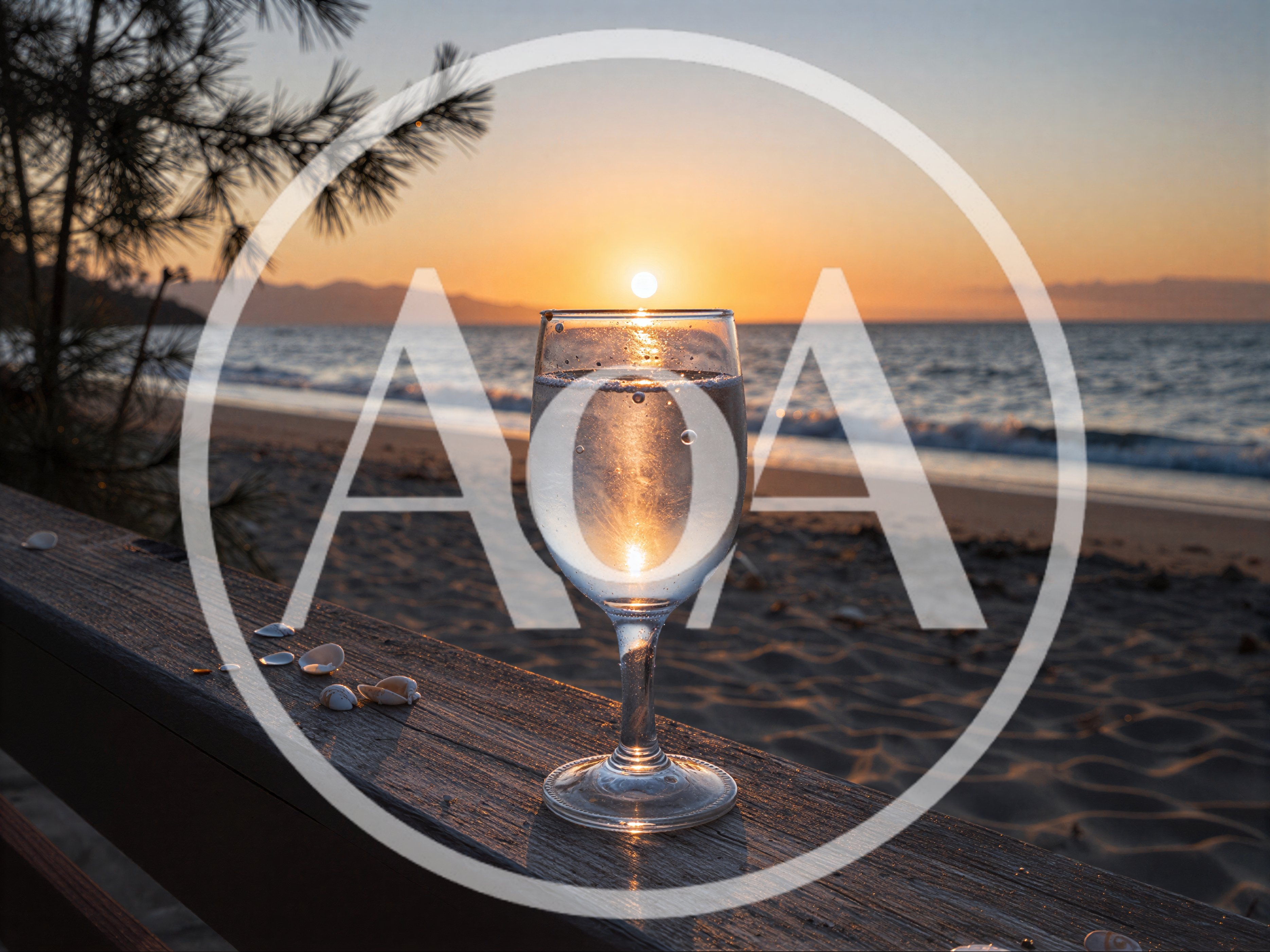 Glass Of Water On Wooden Railing At Sunset