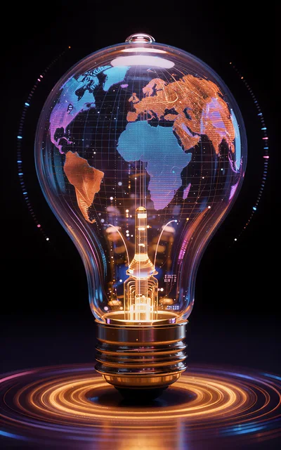 Glowing Digital World Map Inside A Light Bulb