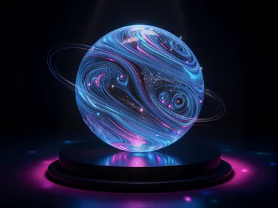 Glowing Abstract Neon Planet On Display Stand