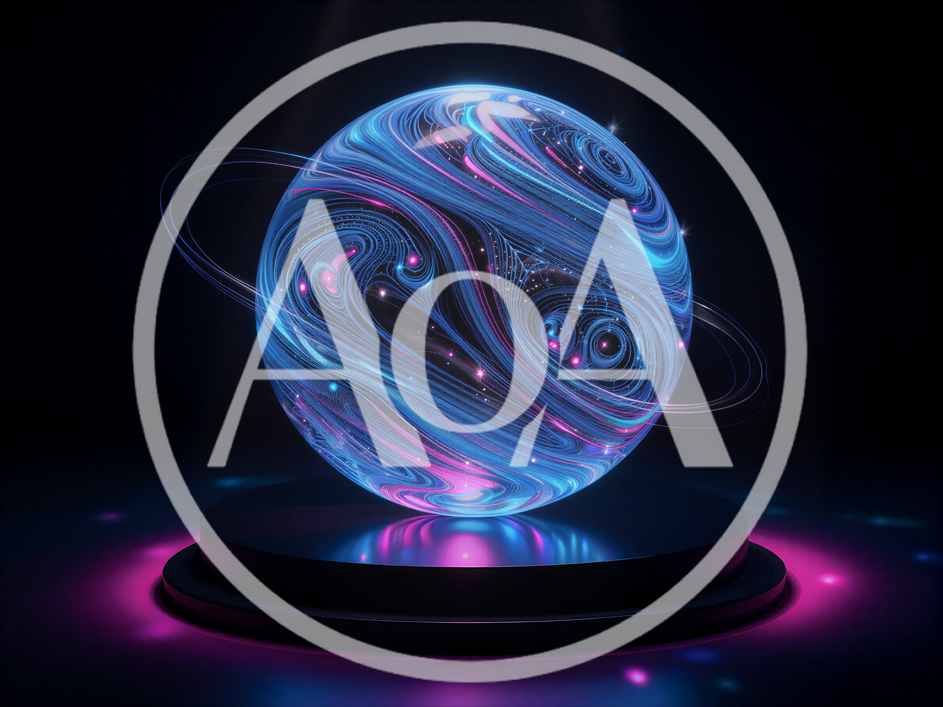 Glowing Abstract Neon Planet On Display Stand