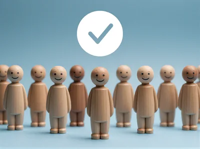 Wooden Figurines Standing In A Row With Checkmark Icon