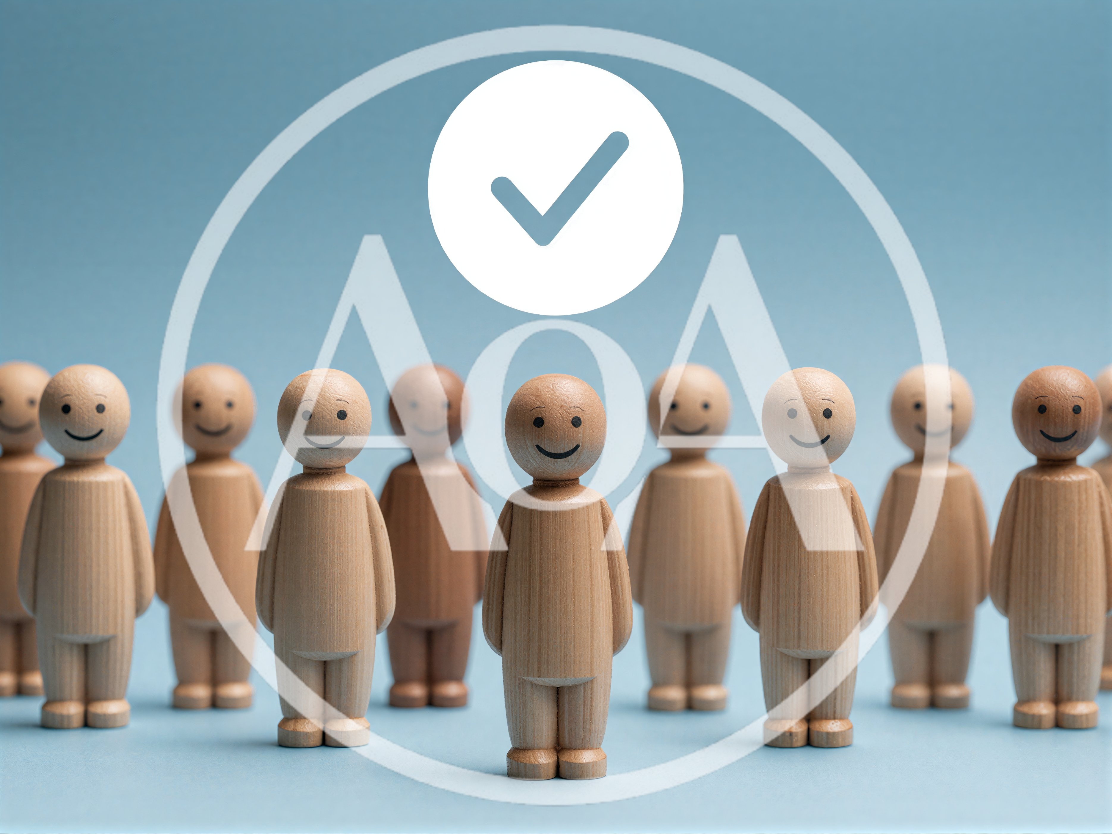Wooden Figurines Standing In A Row With Checkmark Icon