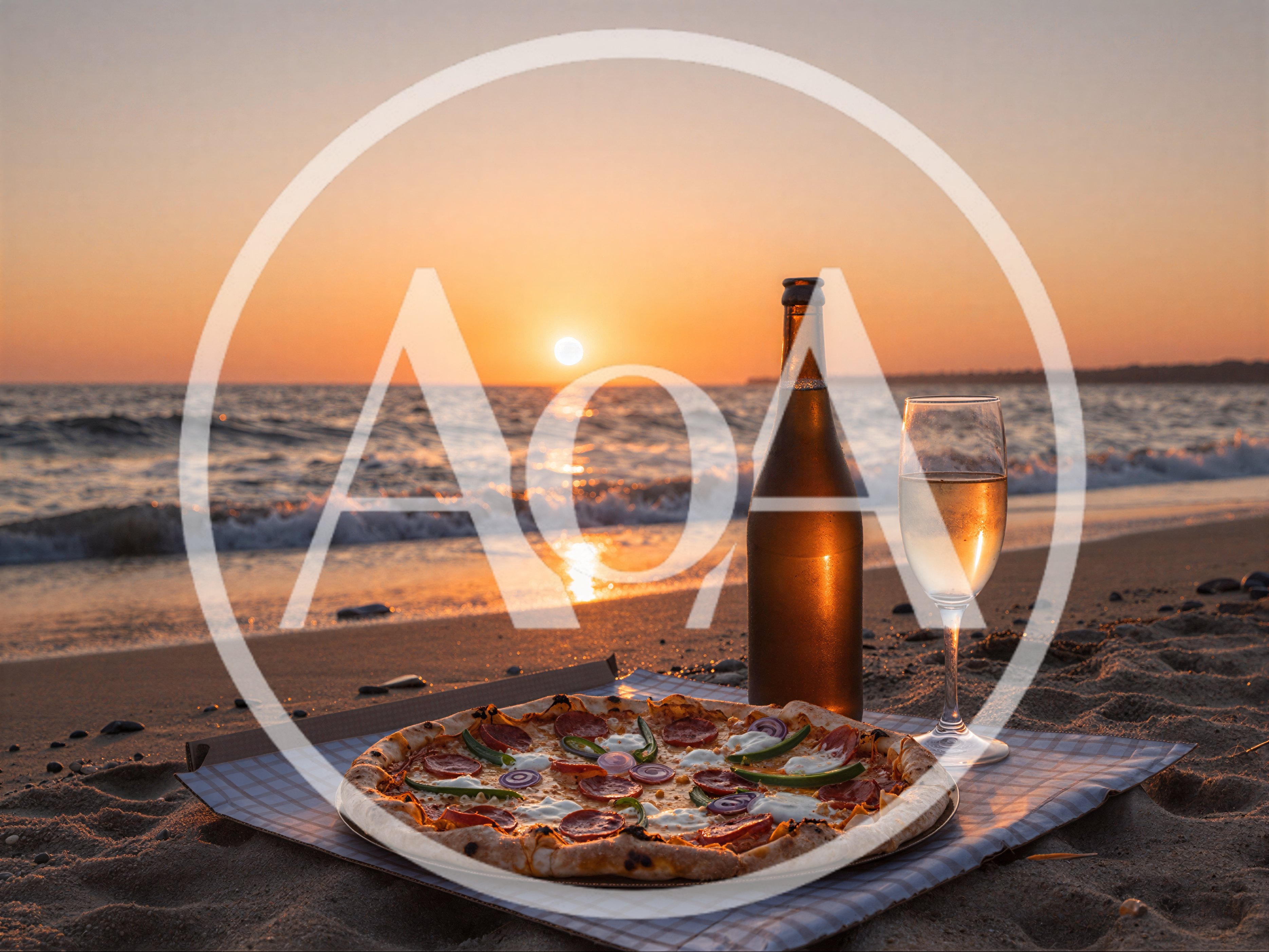 Pizza And Wine On A Beach At Sunset