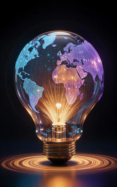 Glowing Digital World Map Inside A Light Bulb