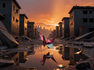 Origami Crane Floating Above Puddle in Ruined City