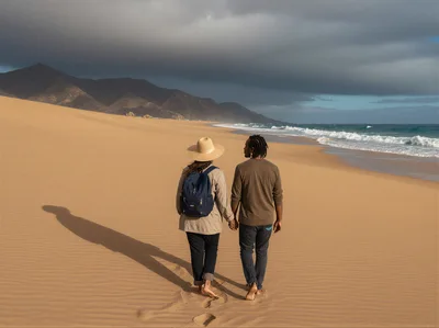 Couple Walking Hand In Hand On Sandy Beach