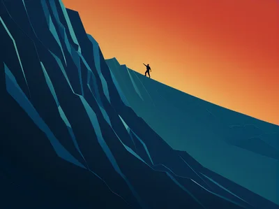 Silhouette Of A Hiker Climbing A Steep Mountain Peak