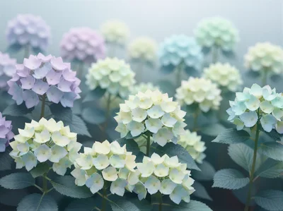 Soft Pastel Hydrangea Flowers In A Garden