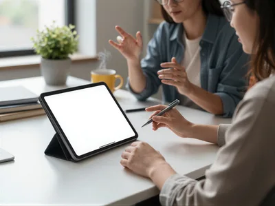 Two Women Collaborating On A Tablet In A Bright Office