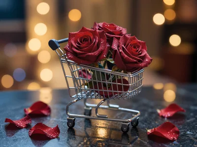 Red Roses Inside A Miniature Shopping Cart