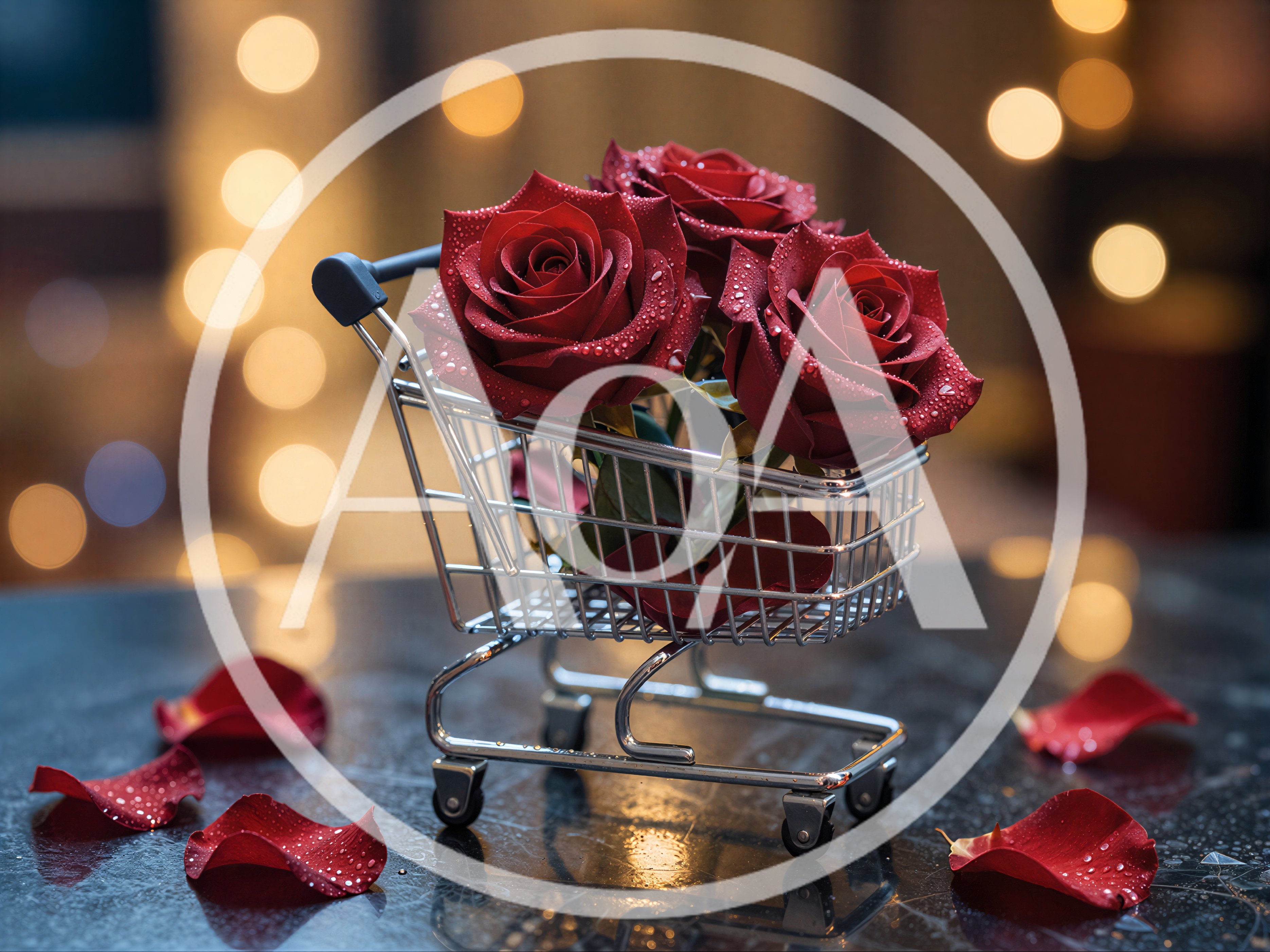 Red Roses Inside A Miniature Shopping Cart