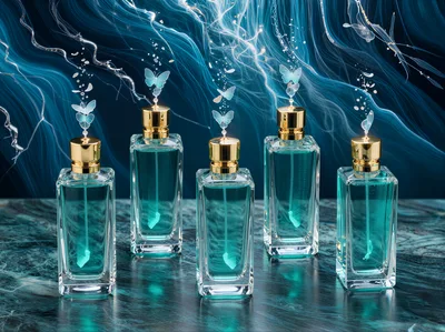 Five Luxury Perfume Bottles With Butterfly Accents