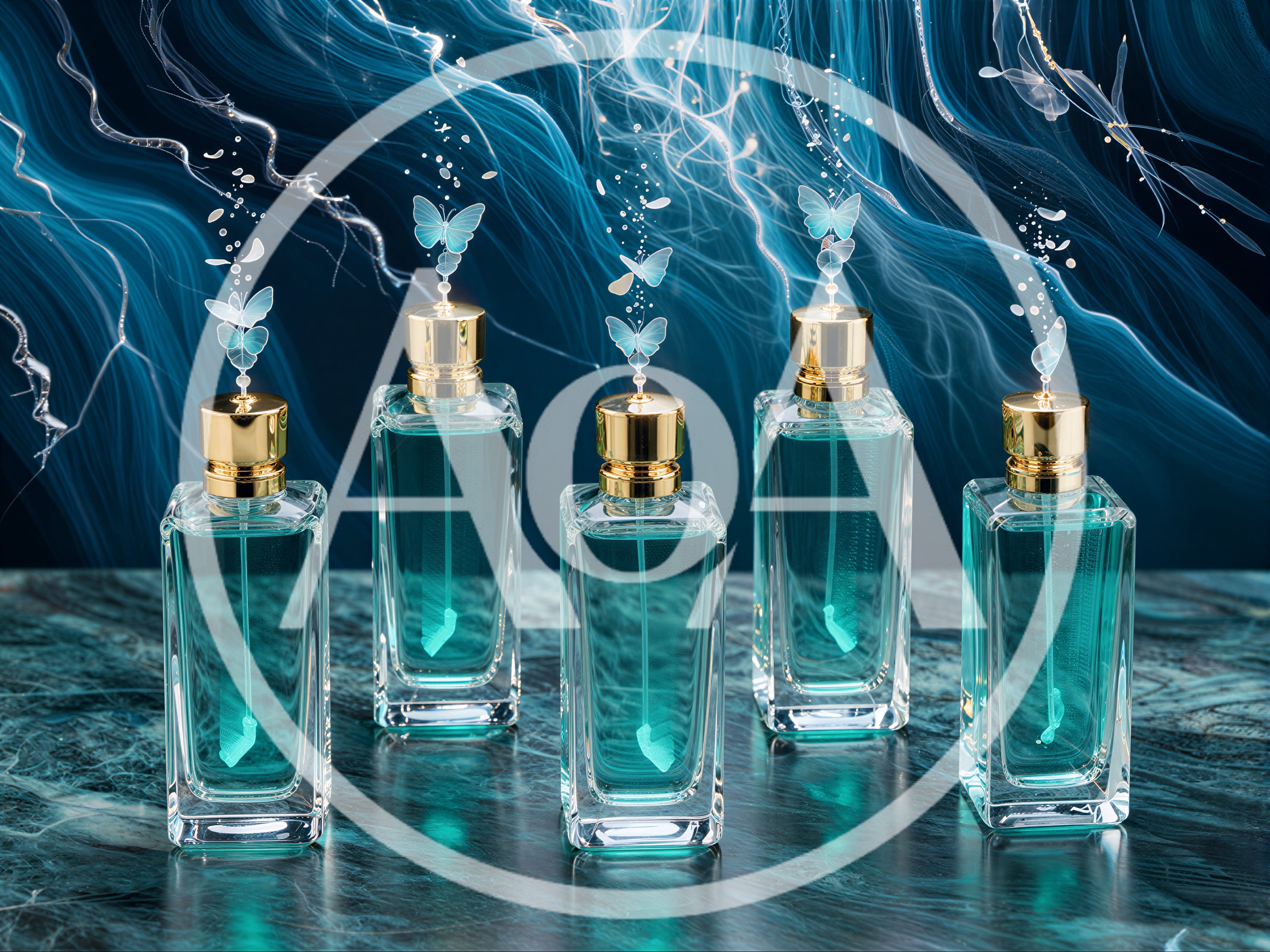 Five Luxury Perfume Bottles With Butterfly Accents