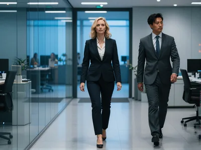 Professional Business Colleagues Walking Through Modern Office Corridor