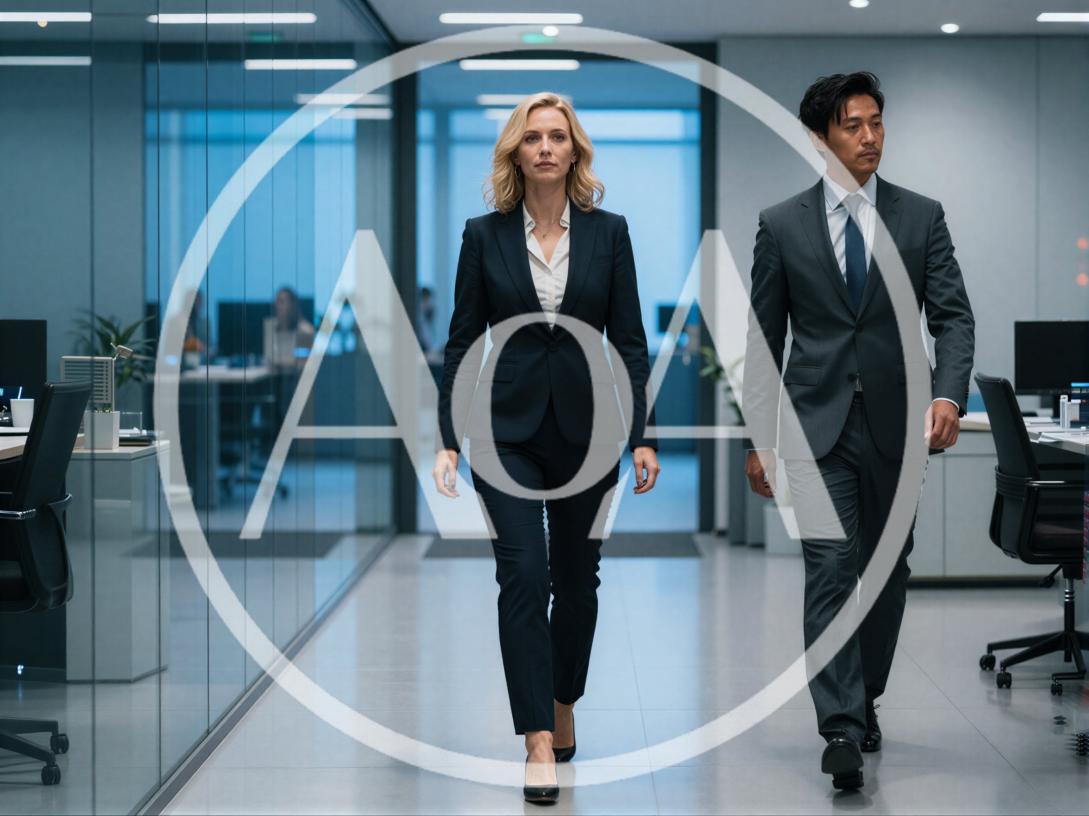 Professional Business Colleagues Walking Through Modern Office Corridor