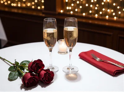 Romantic Dinner Table Setting With Champagne And Roses