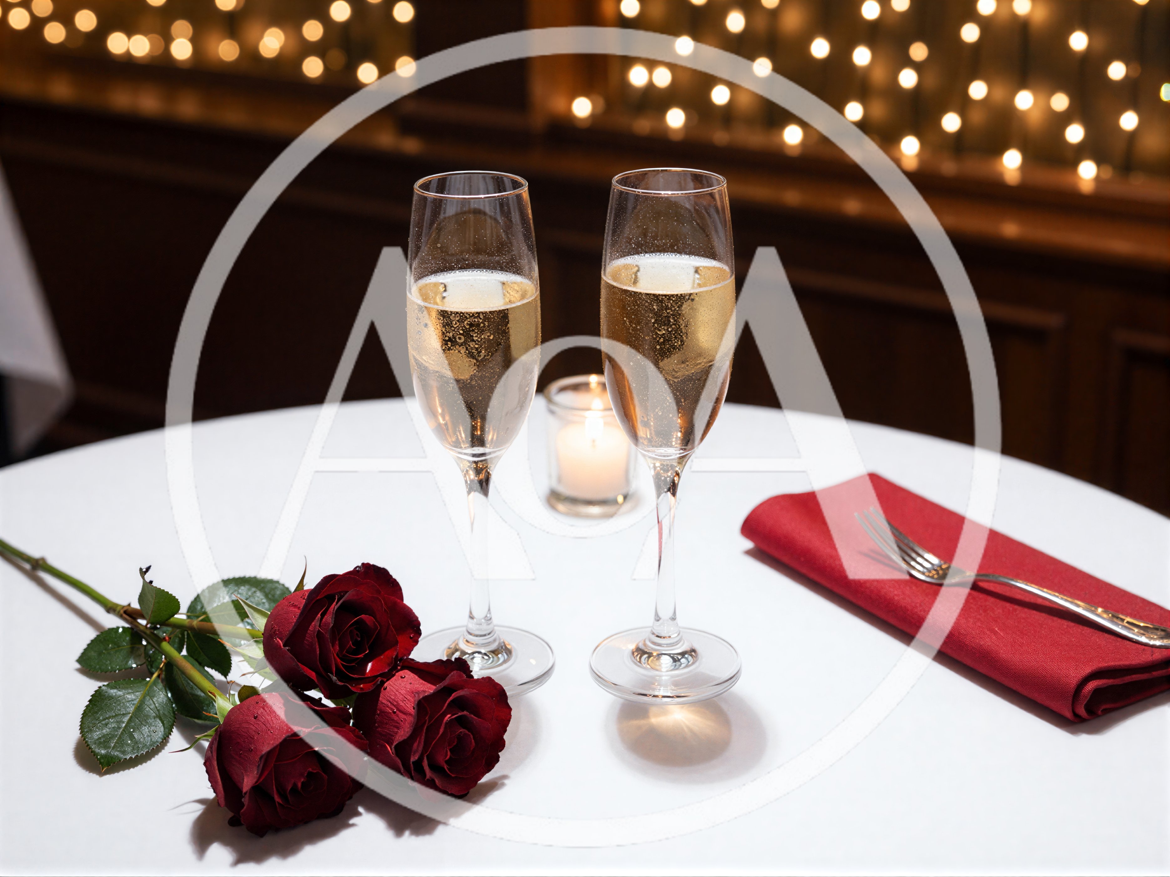 Romantic Dinner Table Setting With Champagne And Roses