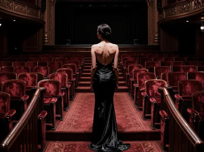 Elegant Woman In Black Gown Standing In Empty Theater