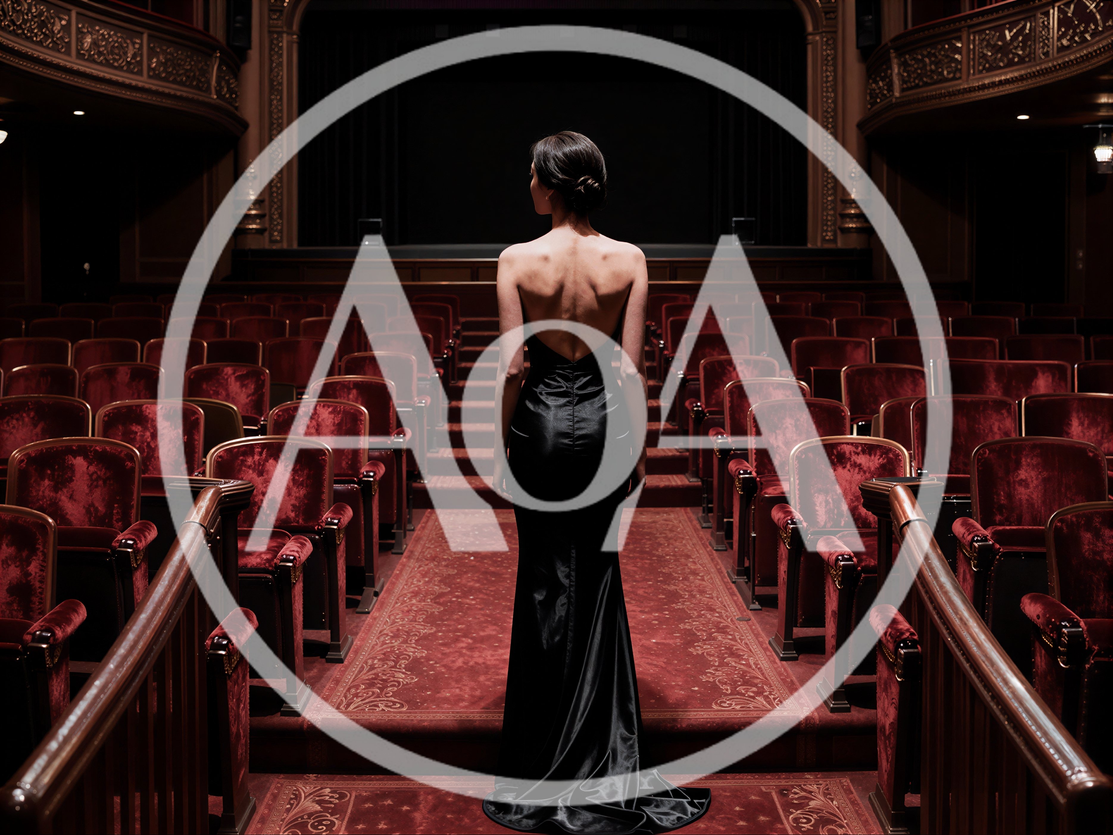 Elegant Woman In Black Gown Standing In Empty Theater