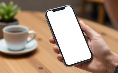 Person Holding Smartphone With Blank Screen At Cafe