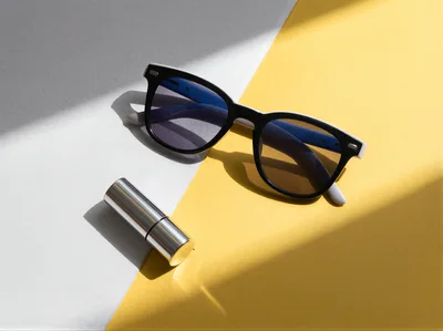 Sunglasses and Lipstick on Geometric Background