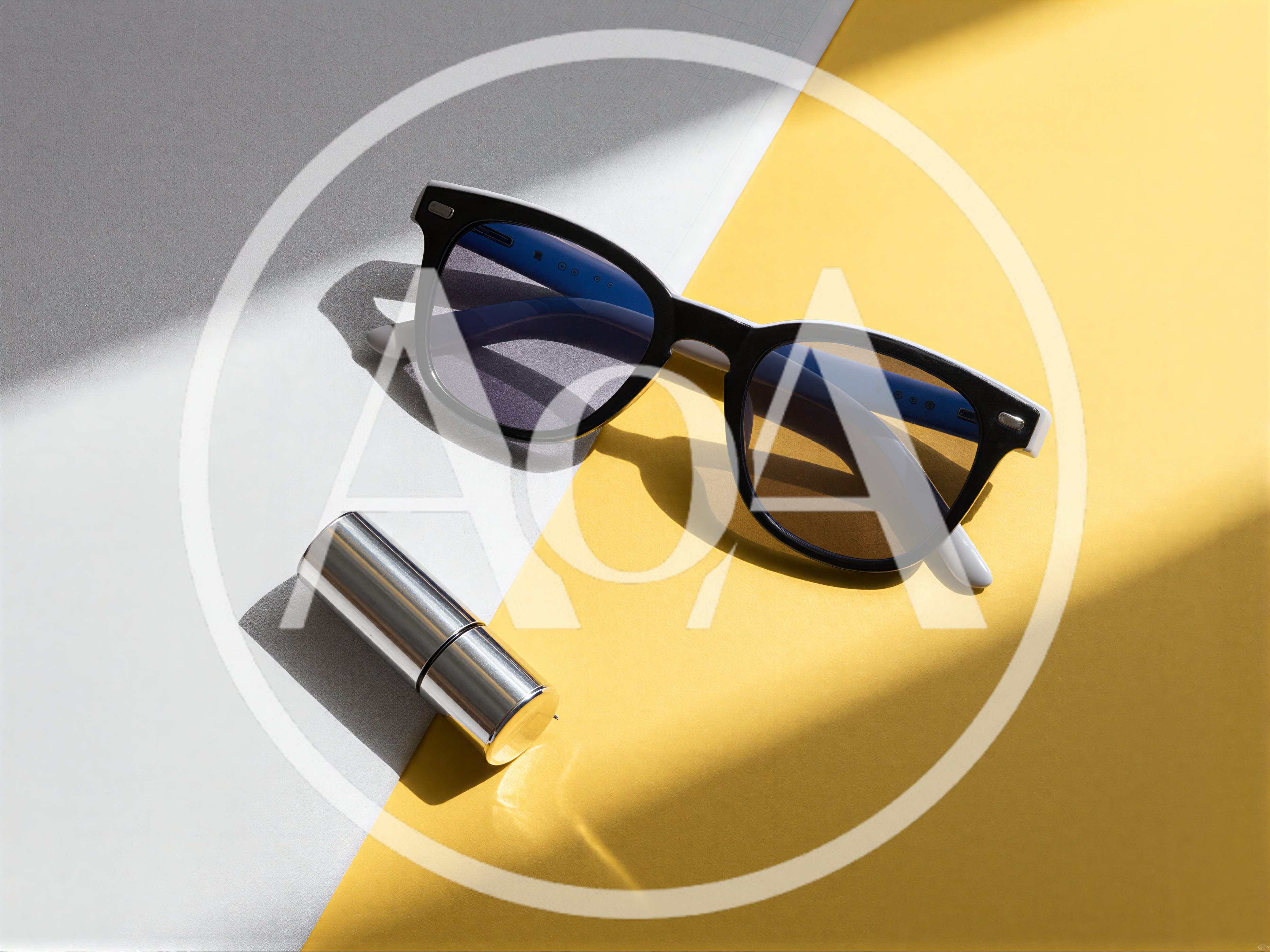 Sunglasses and Lipstick on Geometric Background
