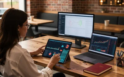Professional Woman Analyzing Financial Data On Multiple Devices