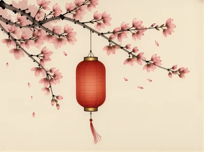 Red Chinese Lantern Hanging From Cherry Blossom Branch