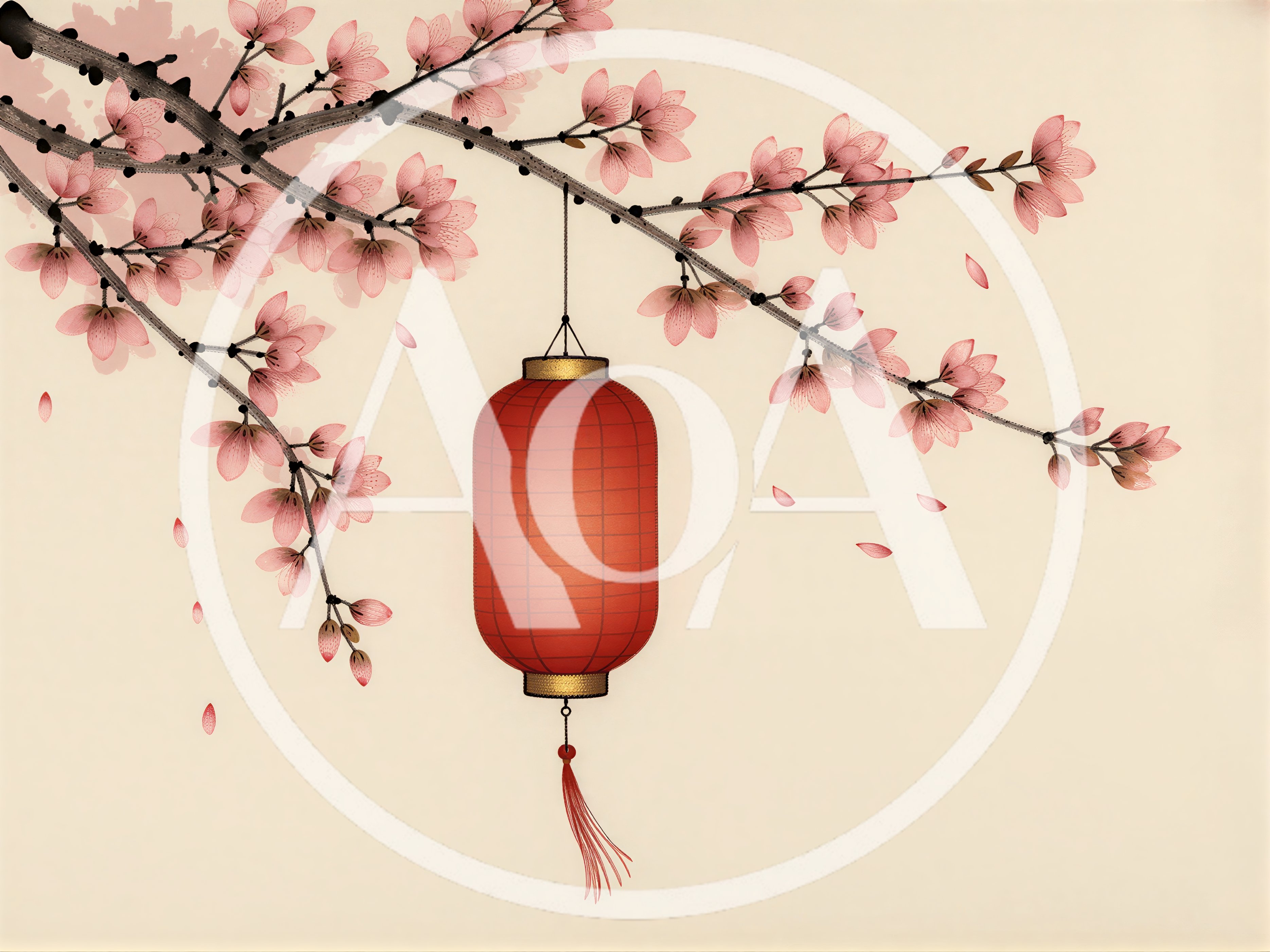 Red Chinese Lantern Hanging From Cherry Blossom Branch