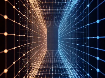 Abstract Digital Tunnel With Glowing Orange And Blue Grids