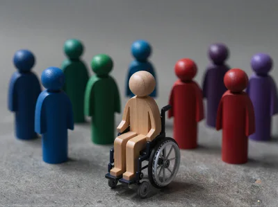 Wooden Figure in Wheelchair Surrounded by Colorful Figurines