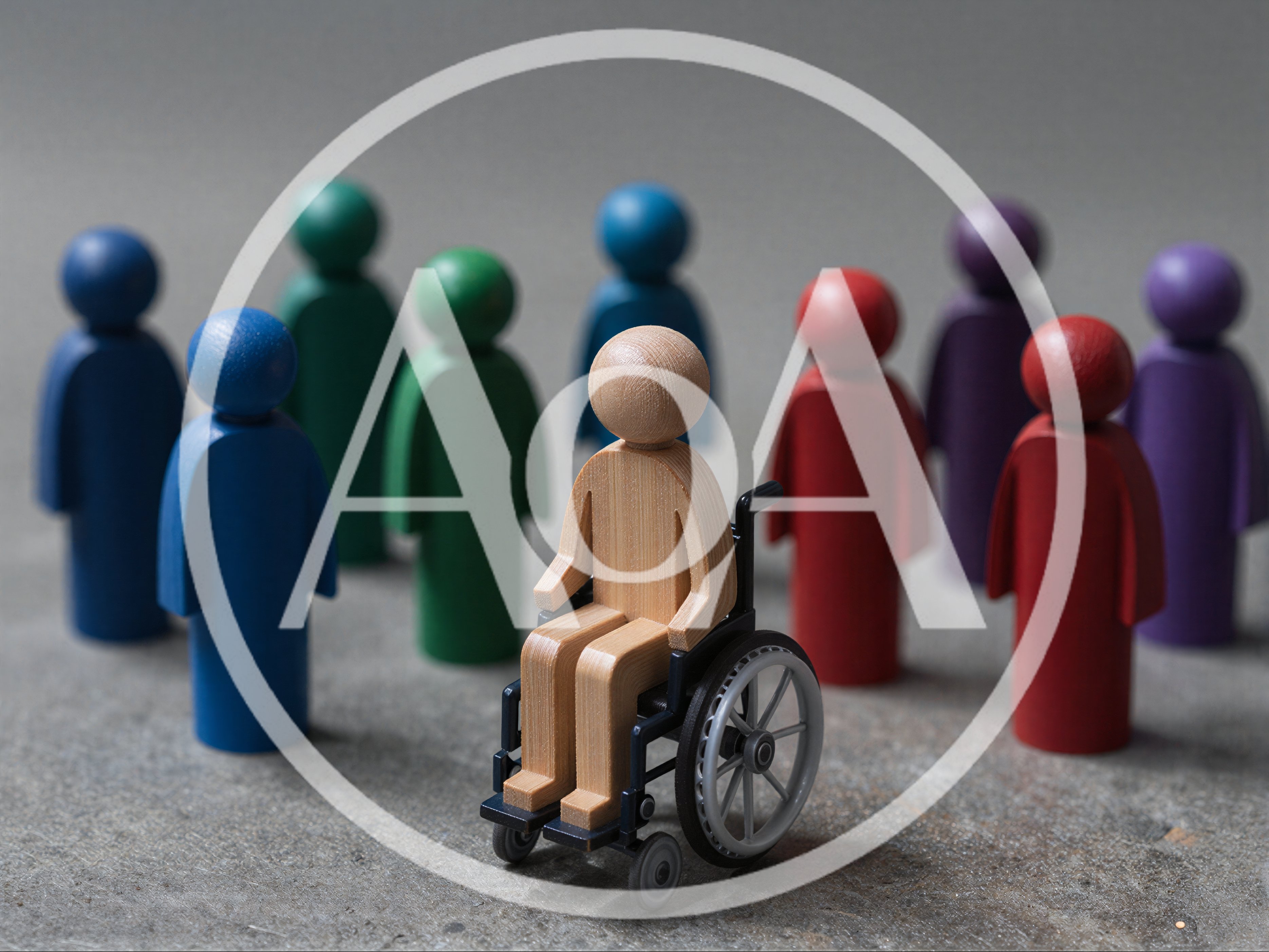 Wooden Figure in Wheelchair Surrounded by Colorful Figurines