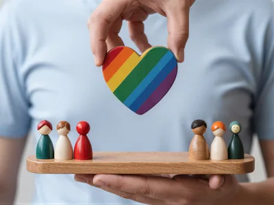 Person Holding Rainbow Heart Above Wooden Peg Figures