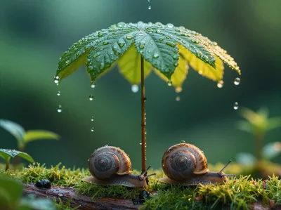 Two Snails Sheltering Under A Leaf In The Rain