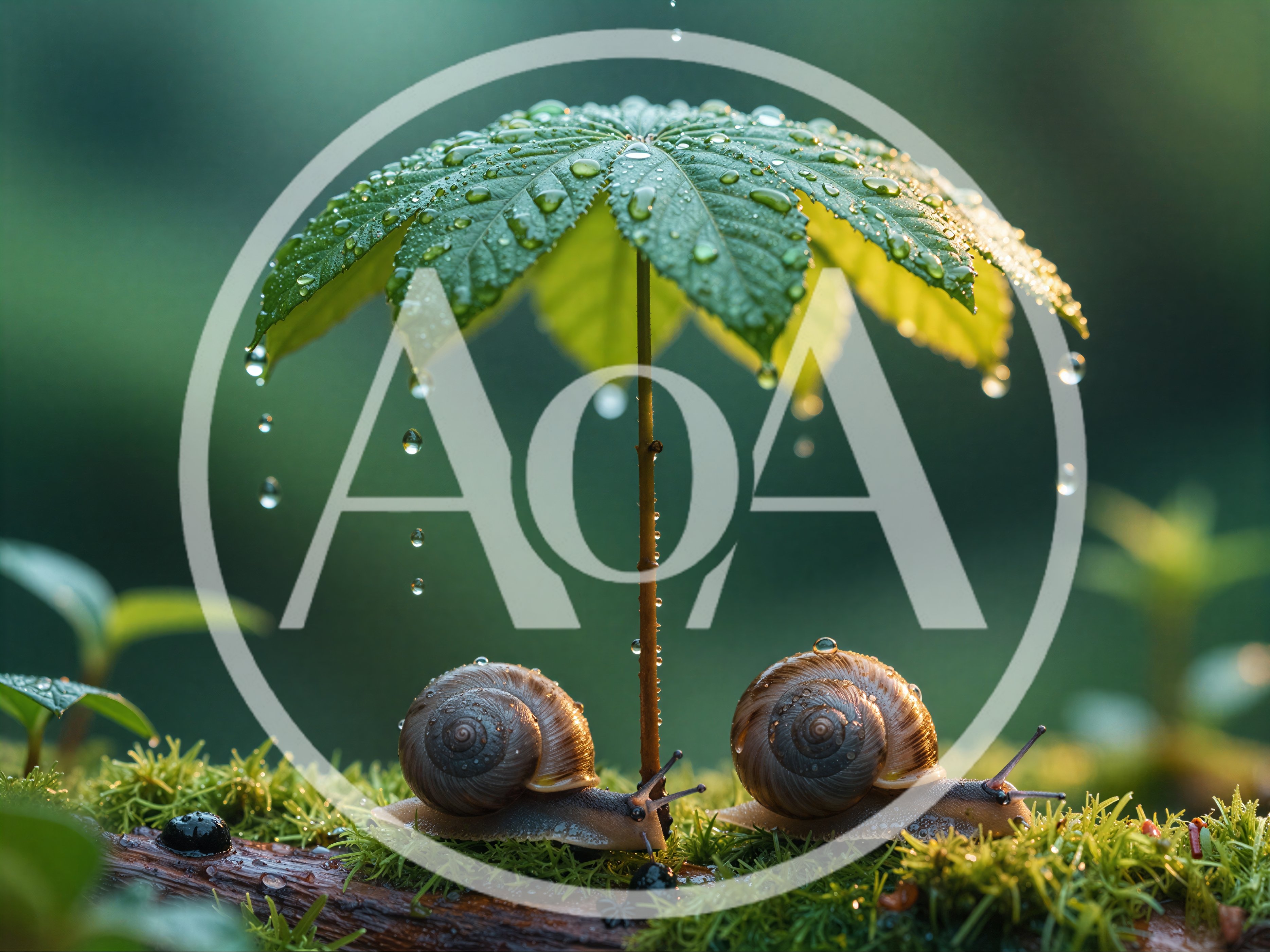Two Snails Sheltering Under A Leaf In The Rain