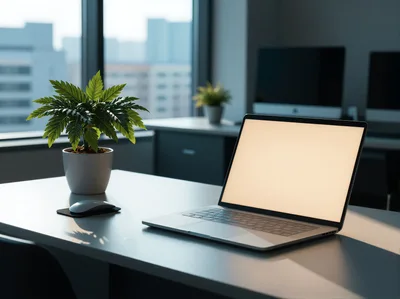 Modern Office Desk With Laptop And Potted Plant